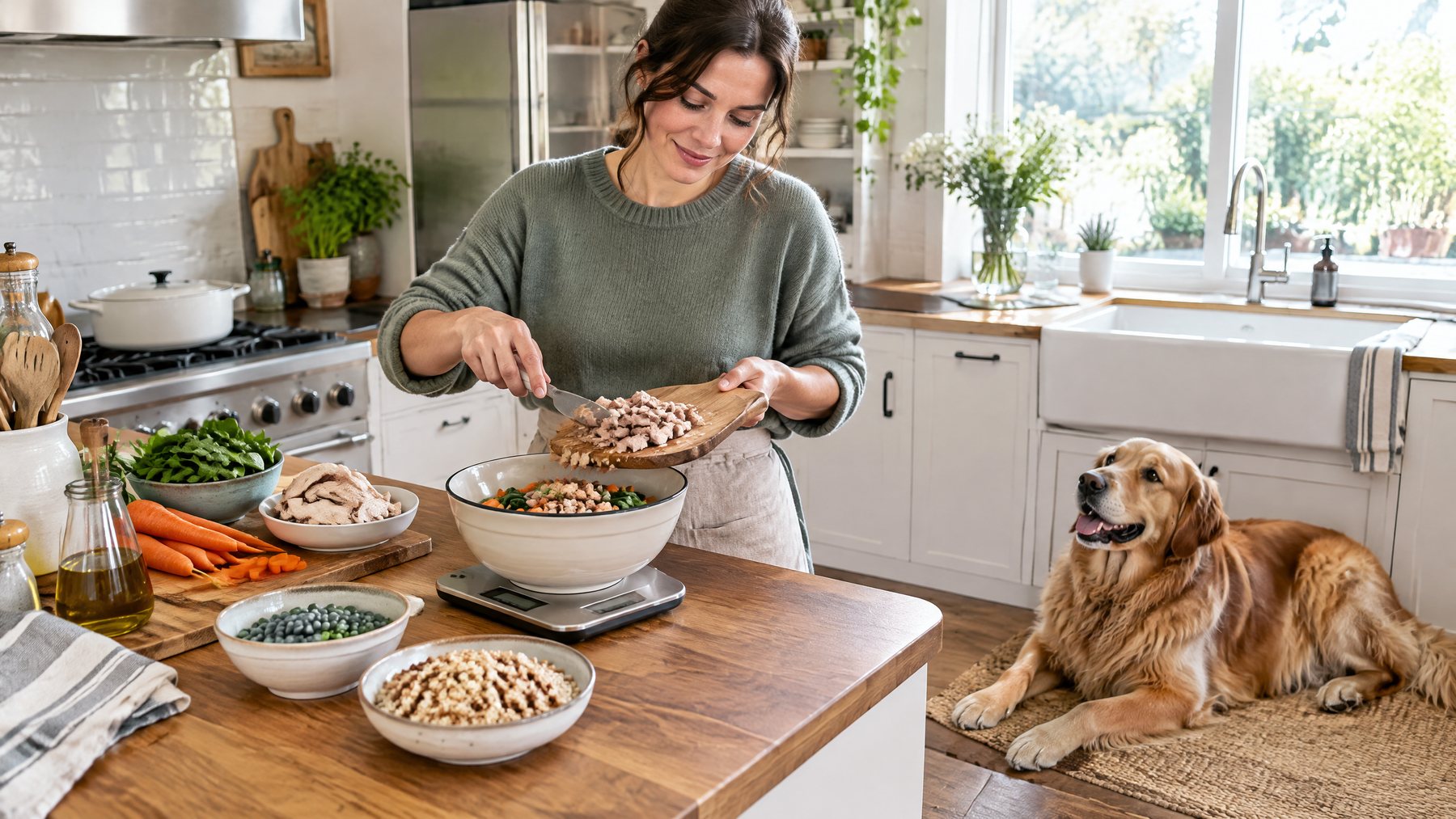 Adult preparing a simple cooked dog meal in a bright kitchen