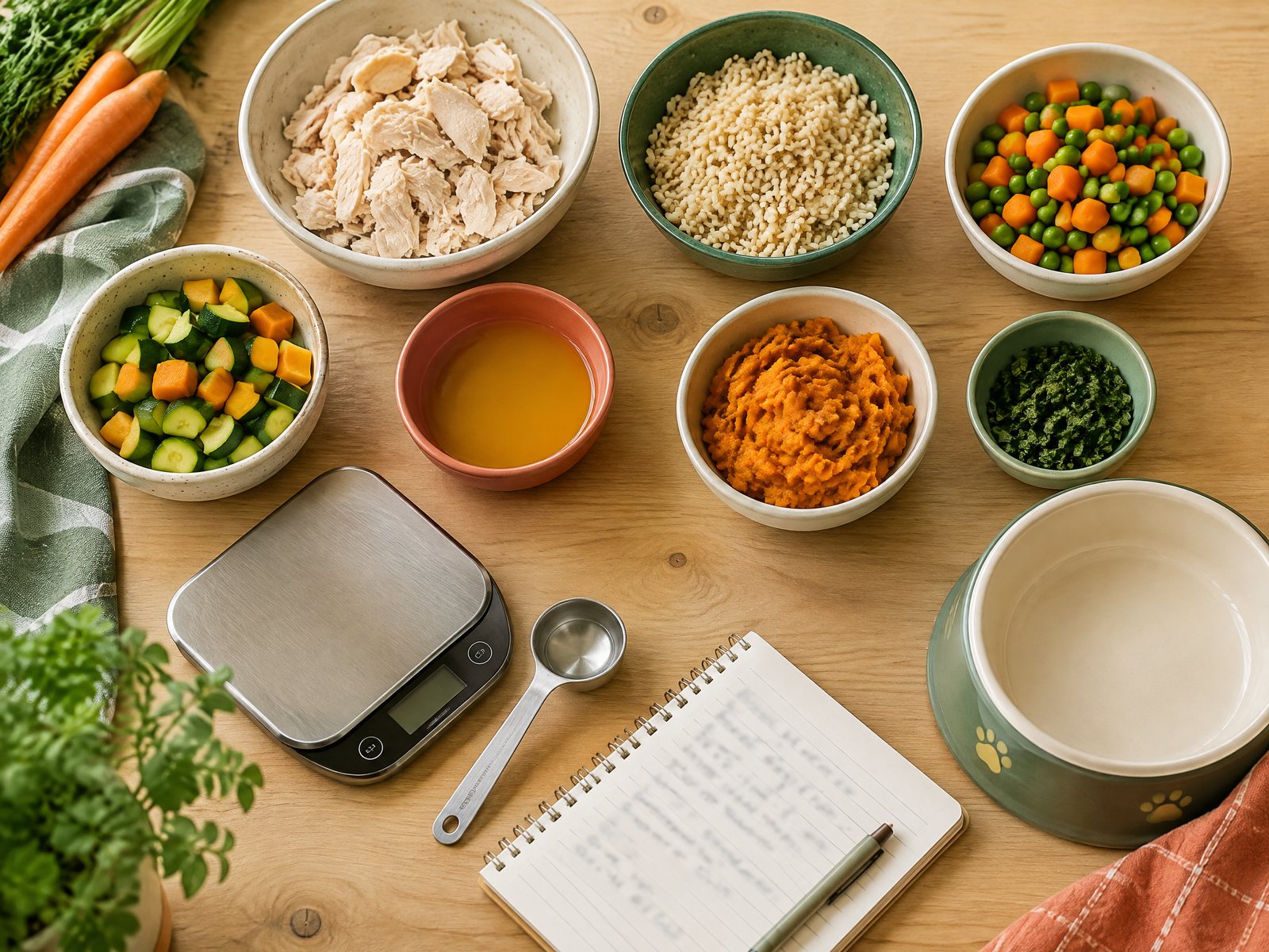 Plain cooked ingredients and measuring tools for dog-food planning