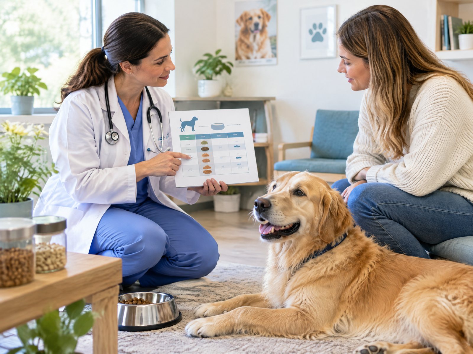 Veterinarian and dog owner reviewing a feeding plan