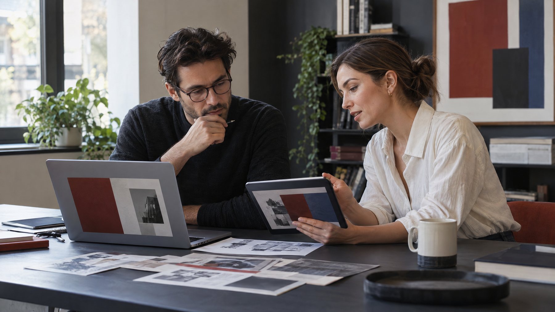 Two professionals comparing a laptop and tablet in a meeting room