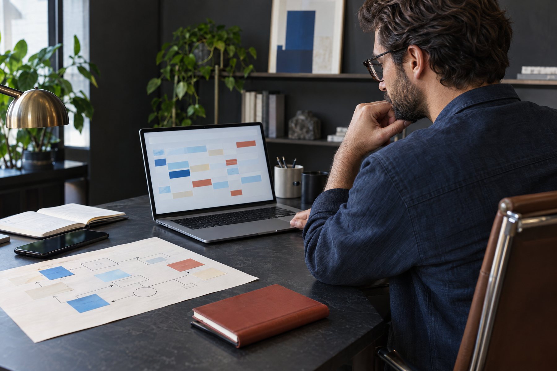 Adult professional reviewing a laptop beside a paper task map