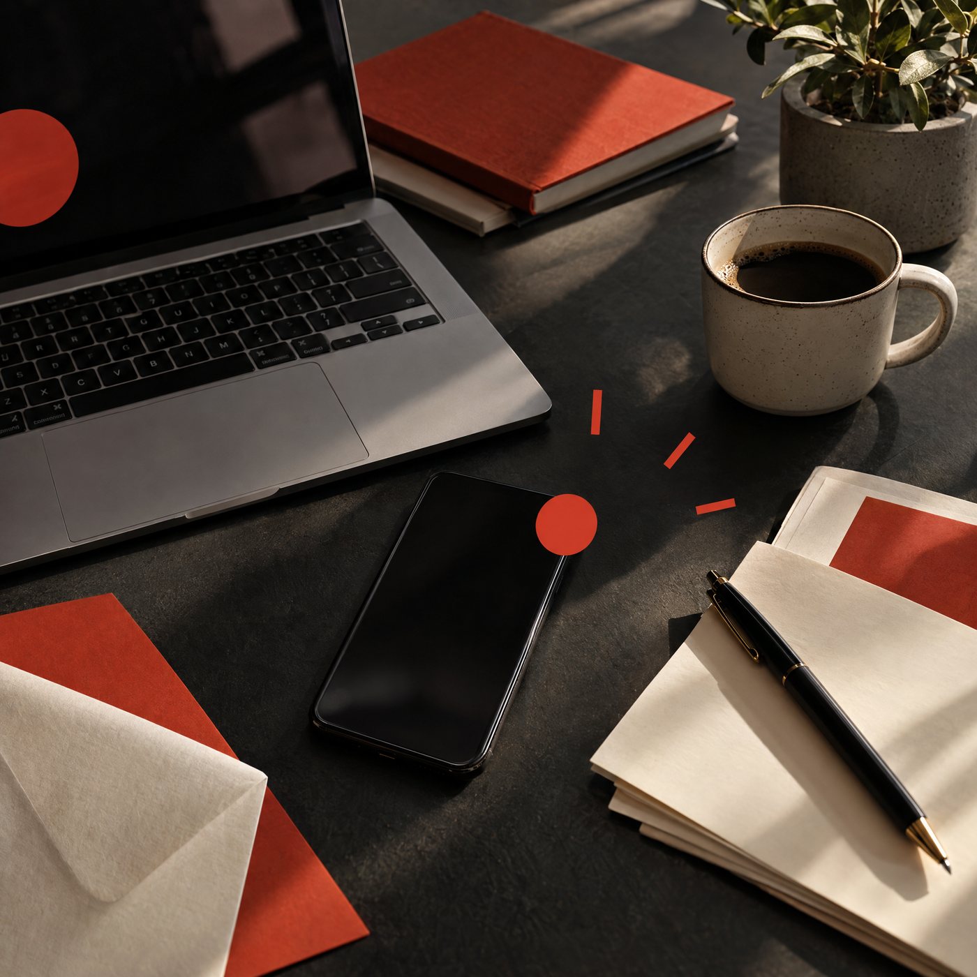 Laptop, phone, notes, pen, and coffee arranged on a desk